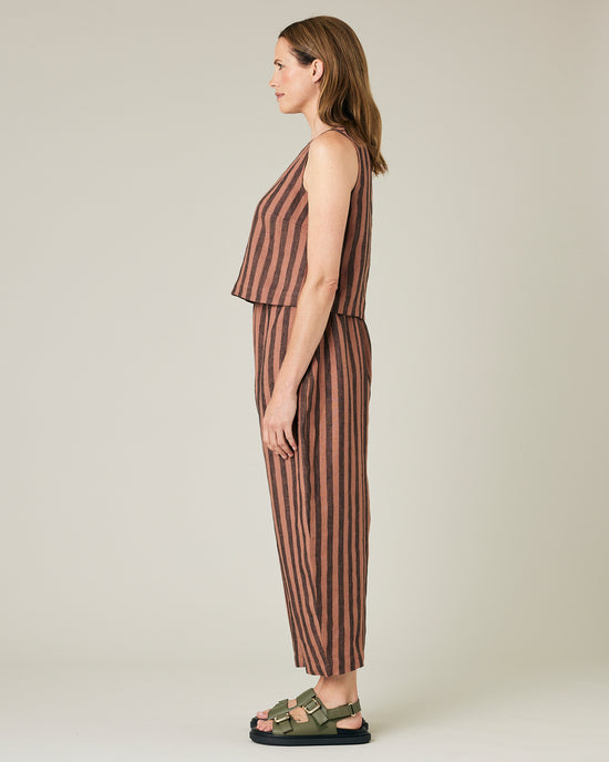 model wears longer length biscuit stripe mabel trousers