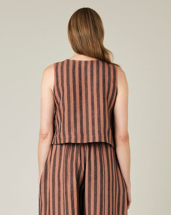 model wears biscuit stripe linen esme top