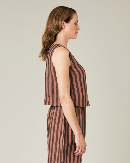 model wears biscuit stripe linen esme top