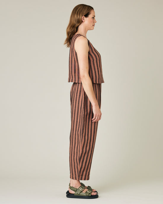 model wears longer length biscuit stripe mabel trousers