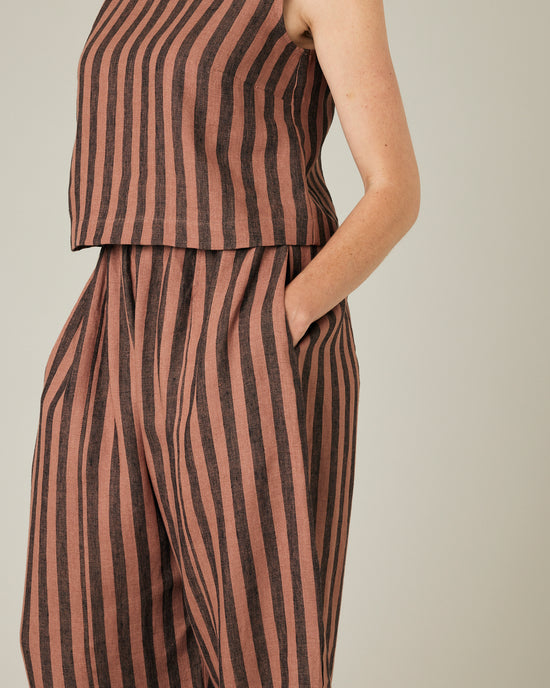 model wears biscuit stripe linen esme top