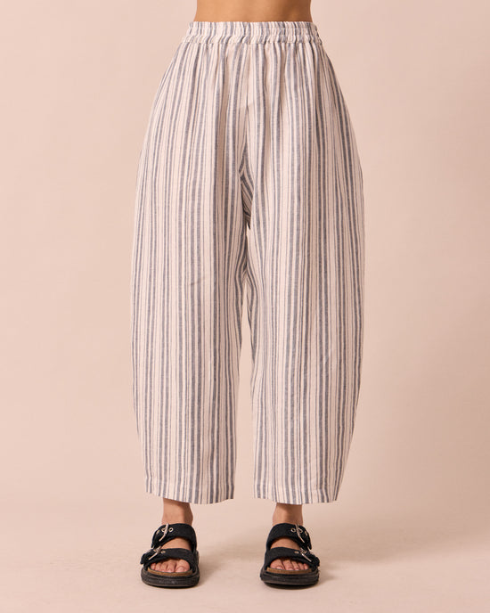model wears mabel sailor stripe linen trousers front