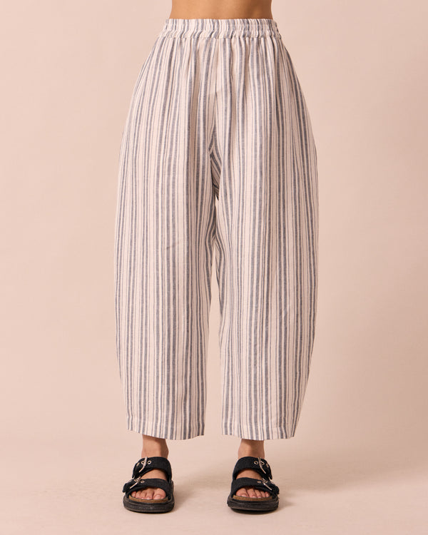 model wears mabel sailor stripe linen trousers front