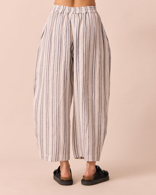 model wears mabel sailor stripe linen trousers back