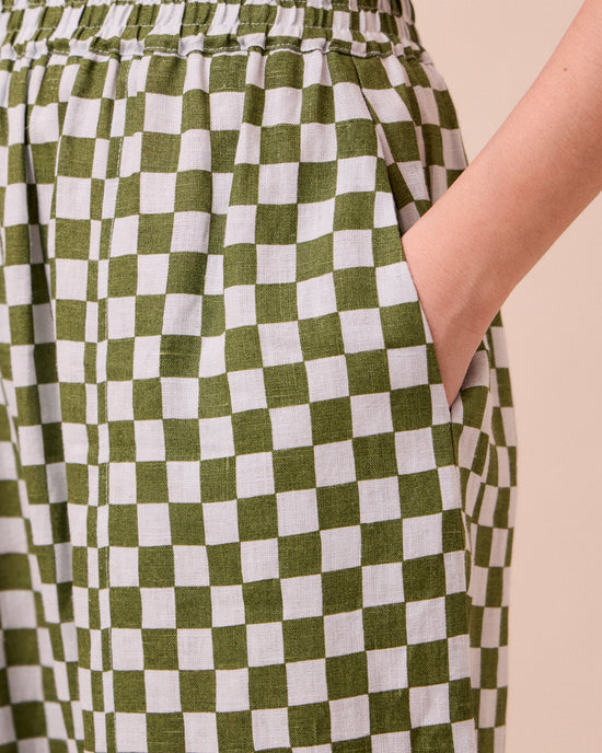model wears mabel sky checkerboard linen trousers 