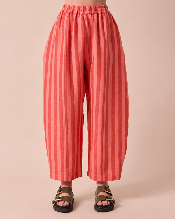model wears sorbet stripe mabel linen trousers front