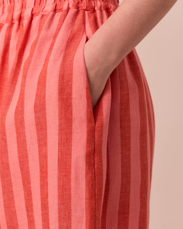model wears sorbet stripe mabel linen trousers 