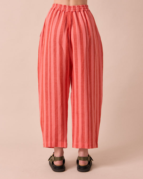 model wears sorbet stripe mabel linen trousers back