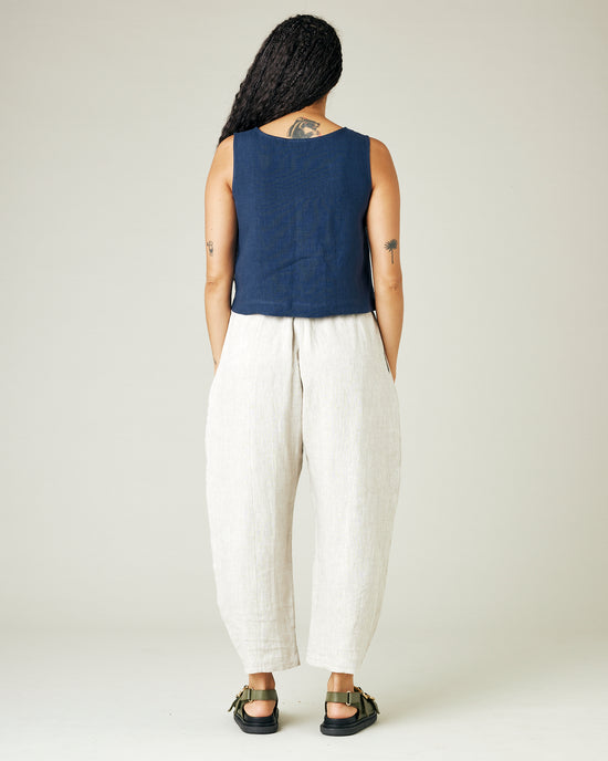 model wears natural linen mabel trousers