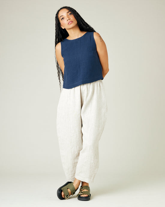 model wears natural linen mabel trousers