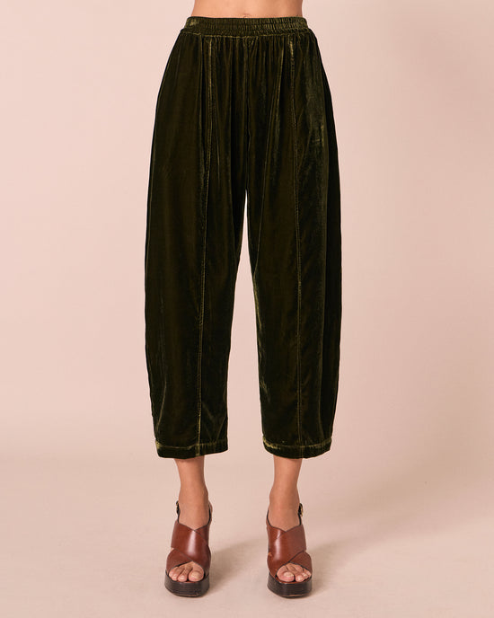 model wears mabel moss velvet trousers front