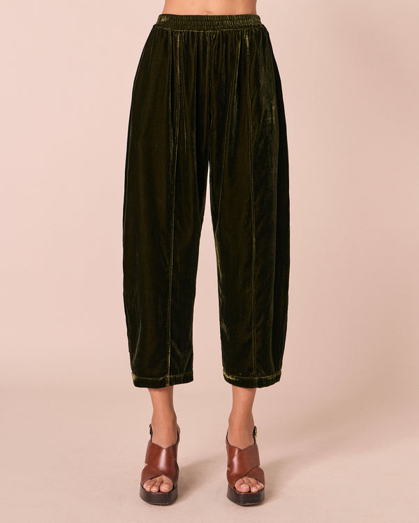 model wears mabel moss velvet trousers front