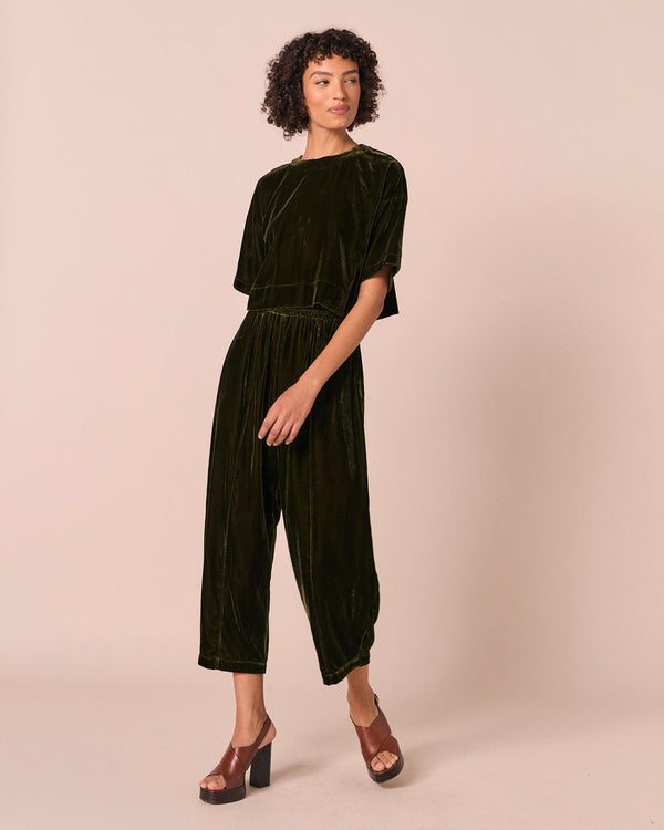 model wears mabel moss velvet trousers right