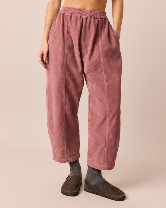 model wears mabel fig cord trousers front