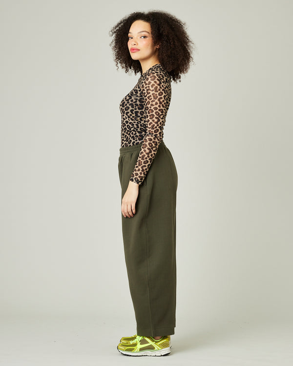 model wears olive fleeceback jersey mabel 