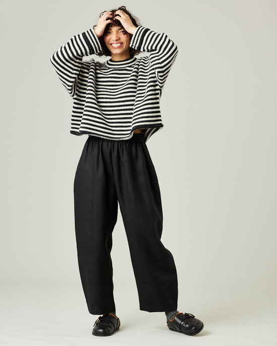 model wears black linen mabel trousers