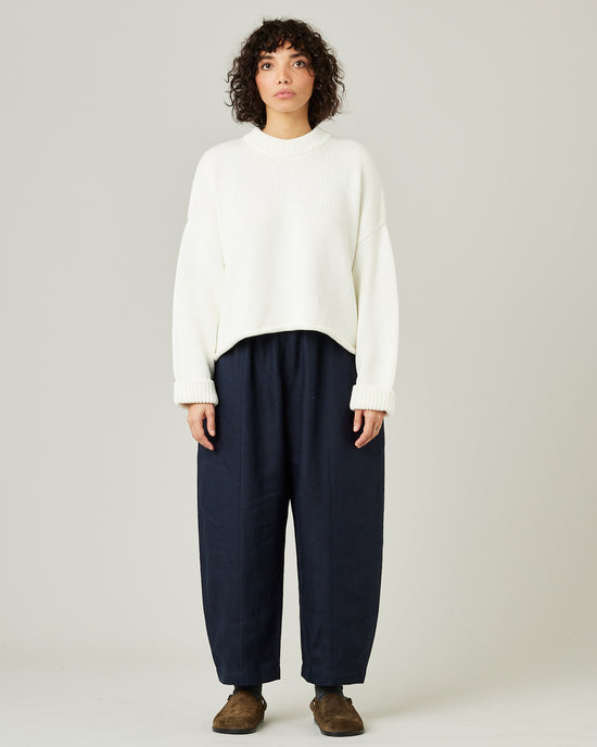 model wears navy linen mabel trousers