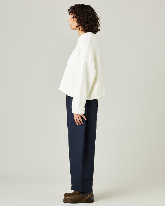 model wears navy linen mabel trousers