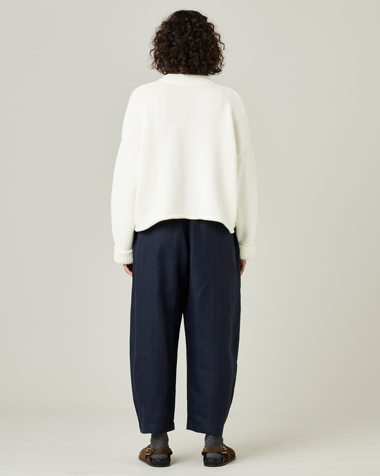 model wears navy linen mabel trousers