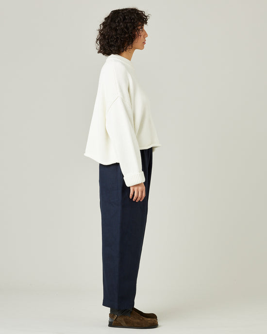 model wears navy linen mabel trousers