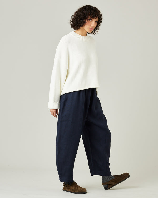 model wears navy linen mabel trousers