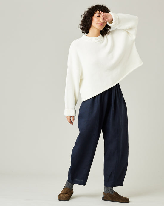 model wears navy linen mabel trousers