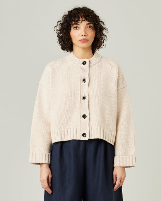 model wears oat wool maggie cardigan 