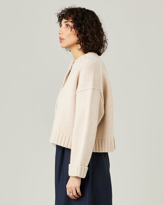 model wears oat wool maggie cardigan 