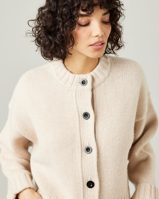 model wears oat wool maggie cardigan 