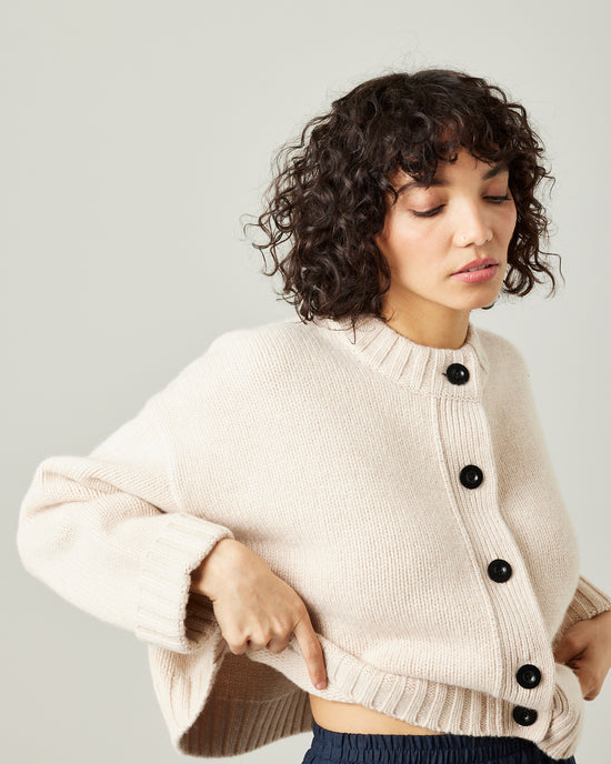 model wears oat wool maggie cardigan 