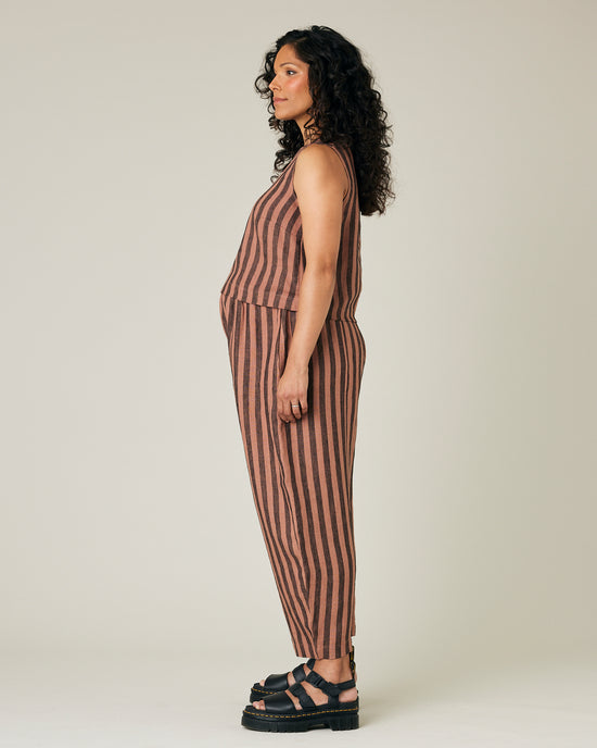 pregnant model wears longer length biscuit stripe mabel trousers