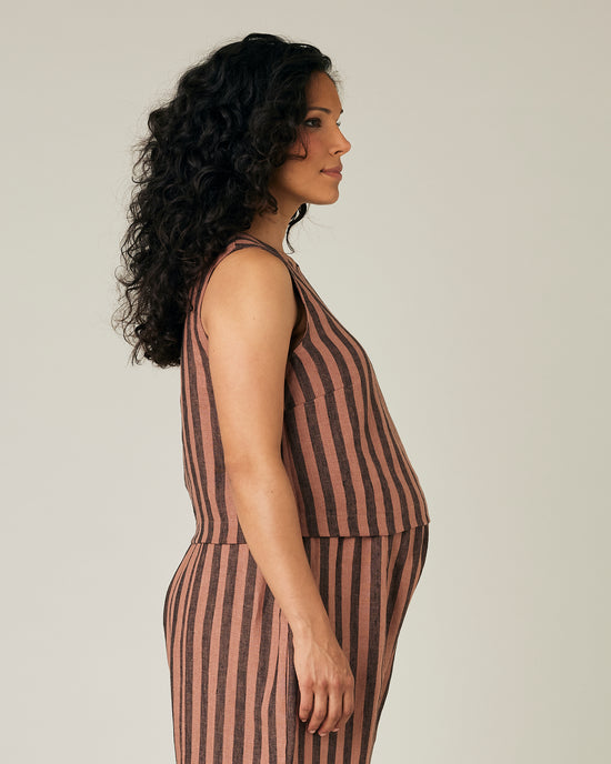 pregnant model wears biscuit stripe linen esme top