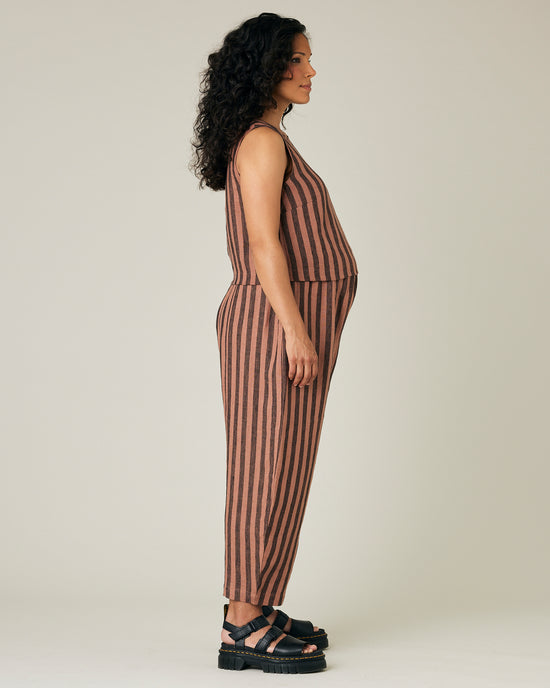 pregnant model wears longer length biscuit stripe mabel trousers