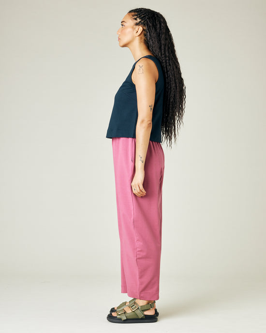 model wears desert rose jersey mabel trousers