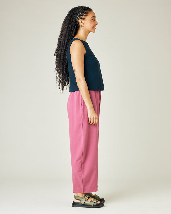 model wears desert rose jersey mabel trousers