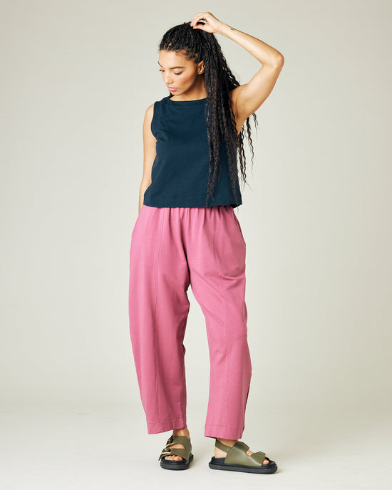 model wears desert rose jersey mabel trousers