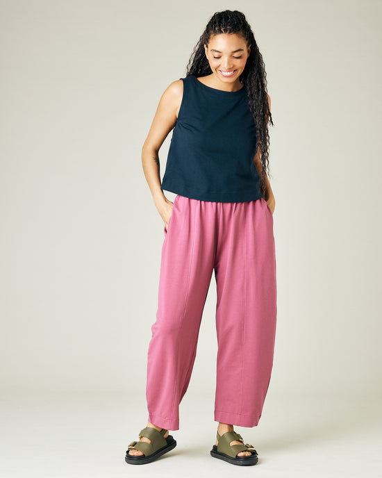 model wears desert rose jersey mabel trousers