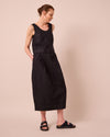 model wears macey black cotton linen skirt