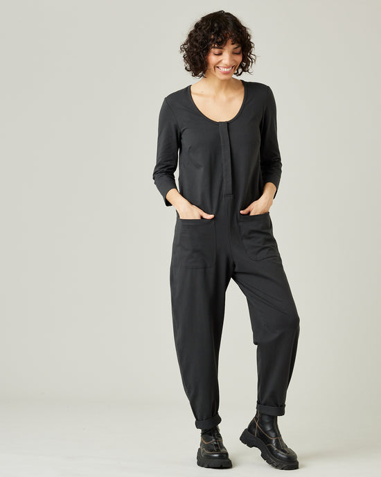 model wears slate margot jumpsuit 