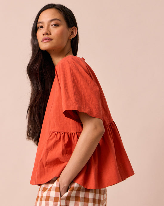 models wears marlow sunblush self stripe cotton top 