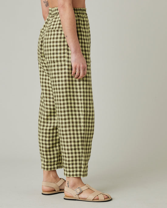 model wears matcha gingham mabel linen right