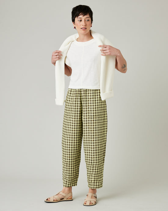 model wears matcha gingham mabel linen