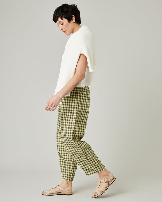 model wears matcha gingham mabel linen