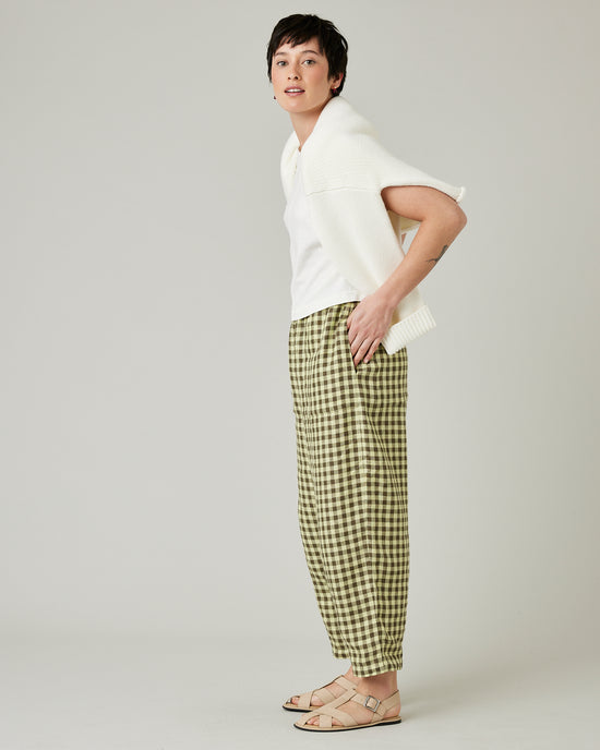 model wears matcha gingham mabel linen