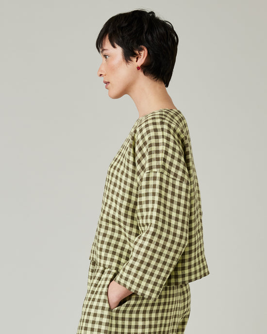 model wears matcha gingham linen lily 