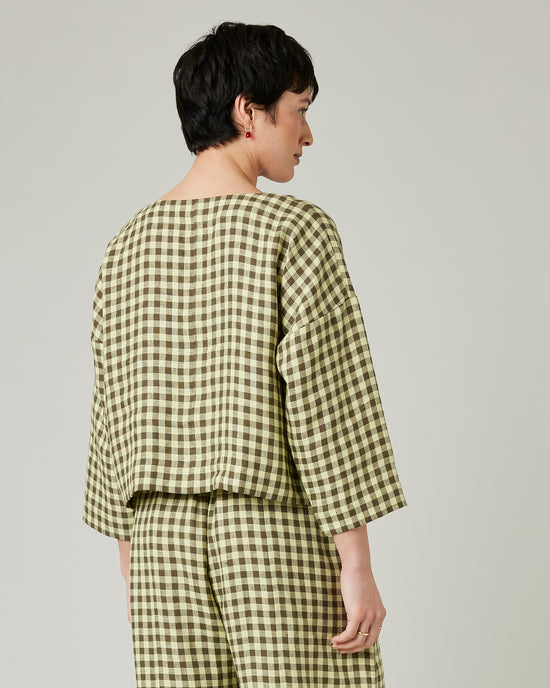 model wears matcha gingham linen lily 