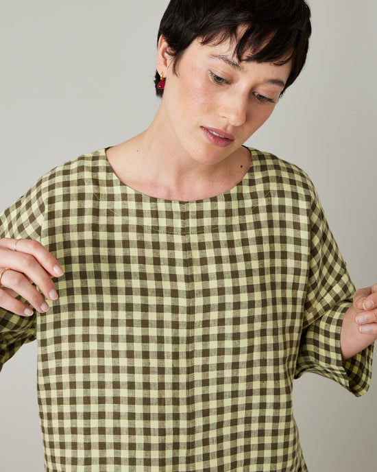 model wears matcha gingham linen lily 