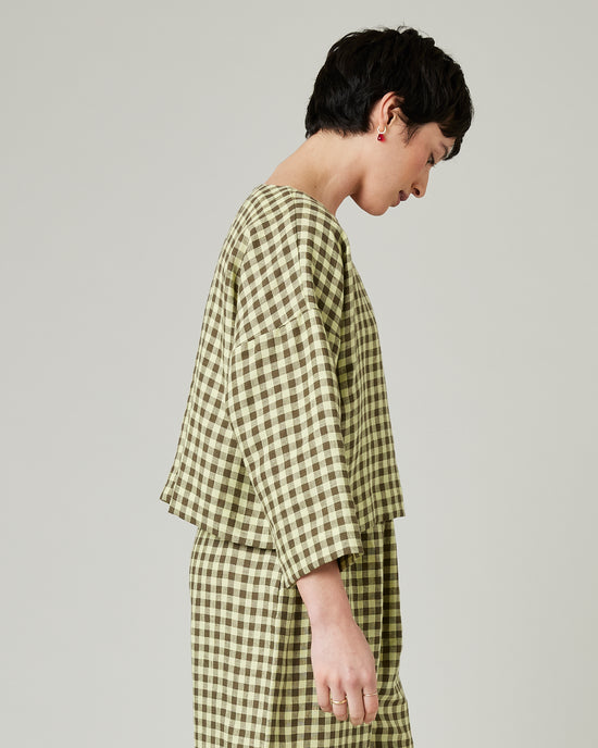 model wears matcha gingham linen lily 