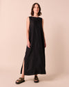 model wears mylia black linen dress