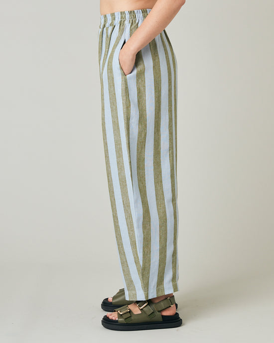 model wears meadow stripe mabel linen tousers left